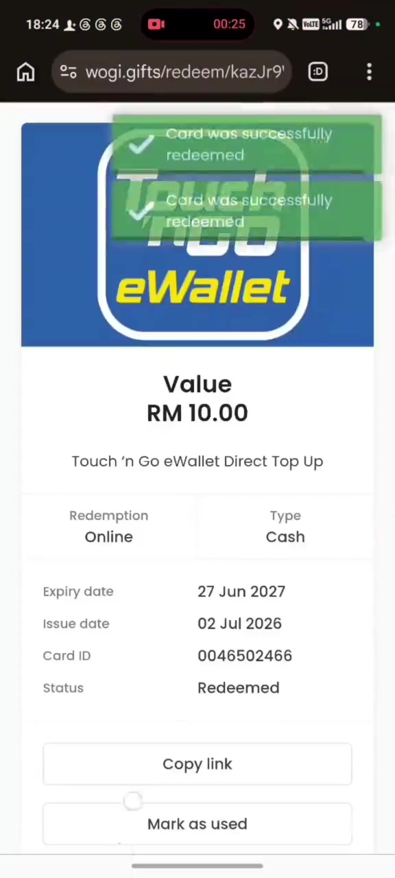 Skrin penebusan menunjukkan kad Touch 'n Go eWallet Direct Top Up bernilai RM10.00 berstatus Redeemed