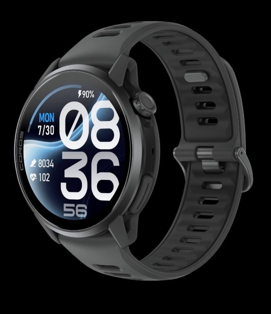 Jam sukan COROS PACE 4 Pro warna hitam dengan tali silikon, pandangan tiga suku menunjukkan bezel dan butang sisi