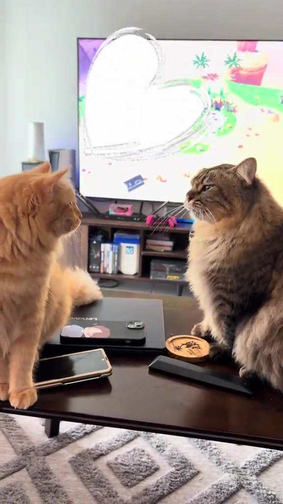 Dua kucing duduk bertentangan atas meja kopi dalam ruang tamu, saling pandang dengan badan tegak