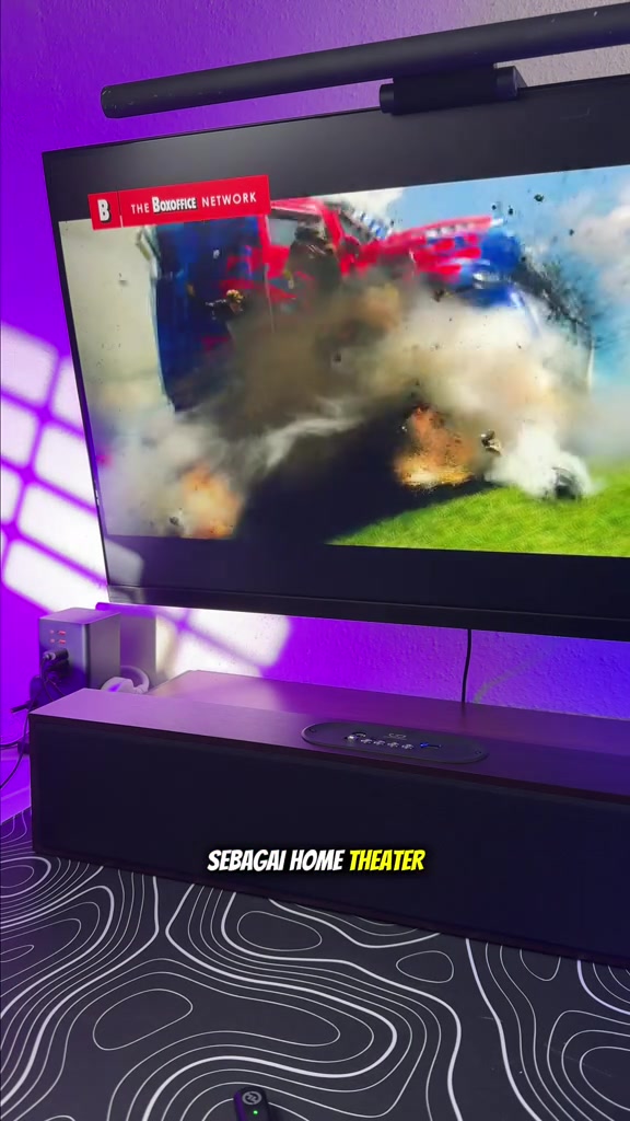 Soundbar panjang diletakkan di bawah TV skrin besar dalam bilik berlampu ungu, dengan kapsyen video berbunyi sebagai home theater