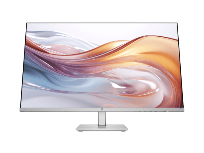 Monitor HP Series 5 27 inci berwarna perak dengan bezel nipis dan stand boleh laras, skrin paparkan wallpaper abstrak