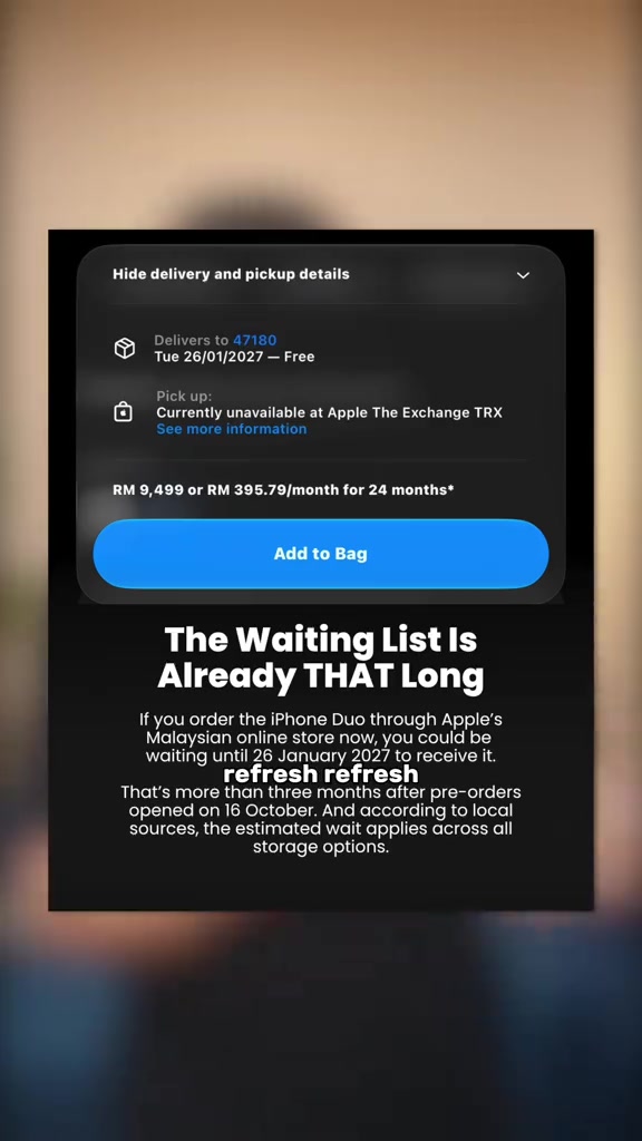 Skrin halaman store Apple Malaysia untuk iPhone Duo: penghantaran Selasa 26/01/2027, pickup unavailable di Apple The Exchange TRX, harga RM9,499 atau RM395.79 sebulan untuk 24 bulan