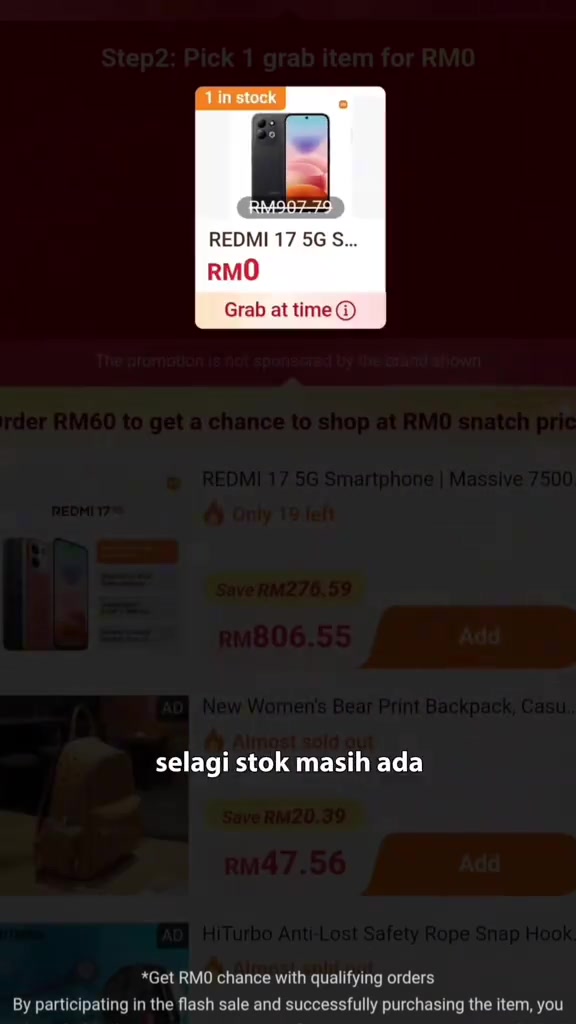 Skrin promosi Temu menunjukkan syarat Order RM60 untuk peluang grab RM0 dan senarai harga biasa REDMI 17 5G RM806.55