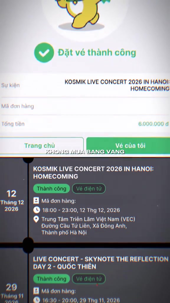 Màn hình xác nhận đặt vé thành công KOSMIK Live Concert 2026 tổng tiền 6.000.000 đồng, khung giờ 18:00–23:00 ngày 12/12/2026 tại Trung tâm Triển lãm Việt Nam VEC, Hà Nội