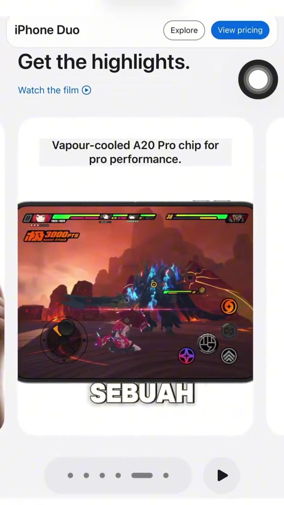 Halaman Apple menonjolkan cip A20 Pro dengan vapor cooling untuk pro performance, dengan skrin iPhone Duo terbuka sedang menjalankan game