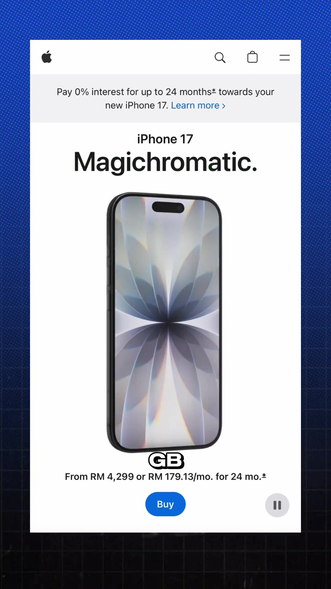 Halaman Apple Malaysia menunjukkan iPhone 17 dari RM4,299 atau RM179.13 sebulan untuk 24 bulan