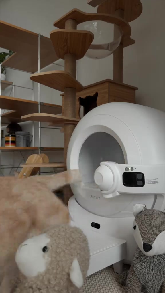 Kotak pasir automatik putih bersebelahan cat tree kayu, telinga kucing kelihatan dari belakang mesin dalam sudut ruang tamu