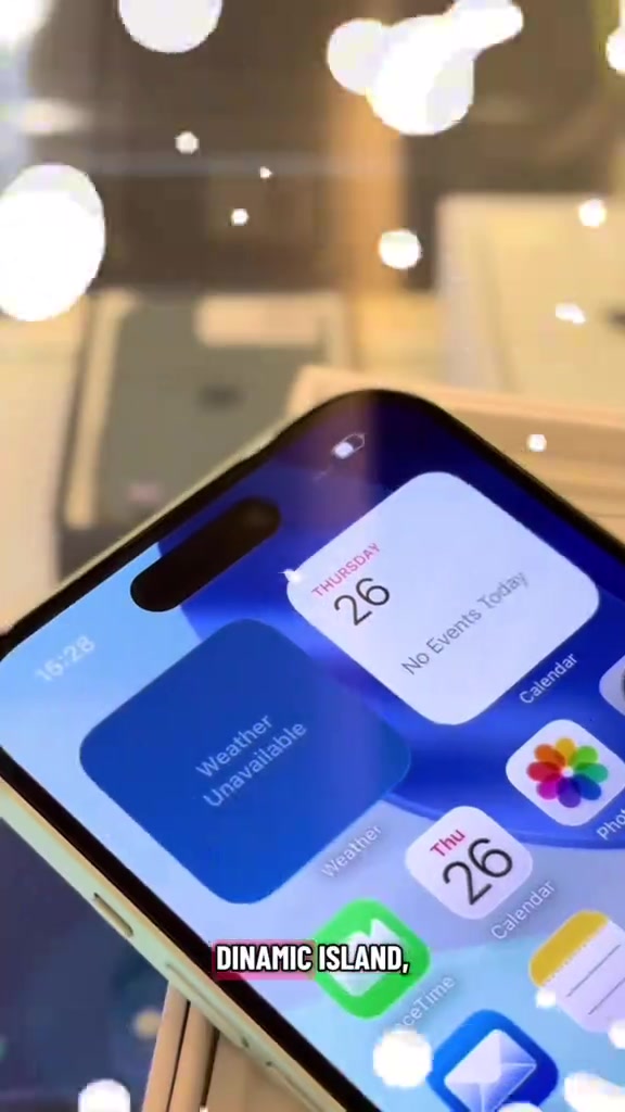 Bahagian atas iPhone dengan Dynamic Island dan skrin utama menunjukkan kalendar Khamis 26