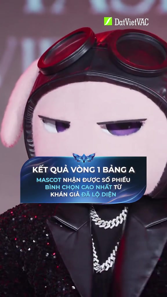 Cận cảnh mascot Gauci đội mũ phi công, phía trước là thẻ chữ Kết quả vòng 1 bảng A của Ca Sĩ Mặt Nạ 2026