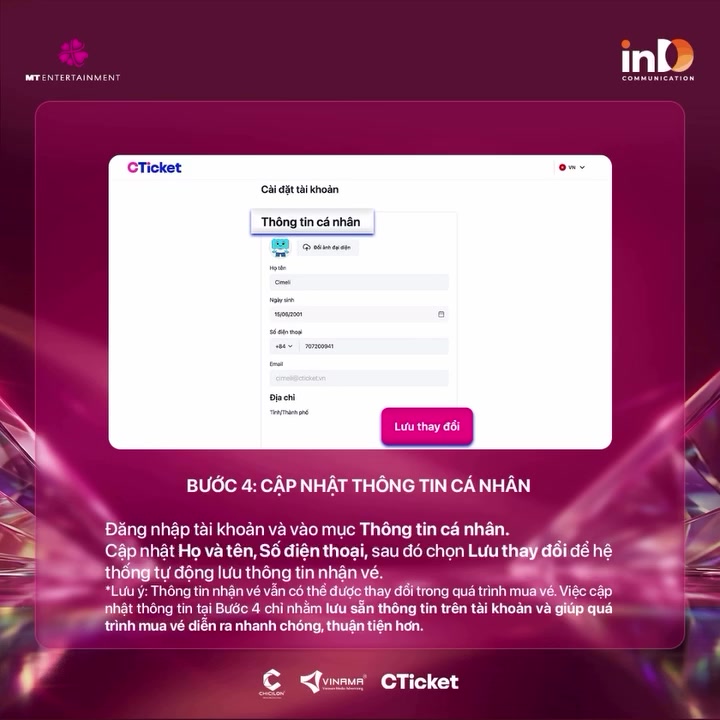 Đồ họa hướng dẫn chính thức bước cập nhật thông tin cá nhân trong tài khoản CTicket để mua vé Mỹ Tâm See The Light Day 2