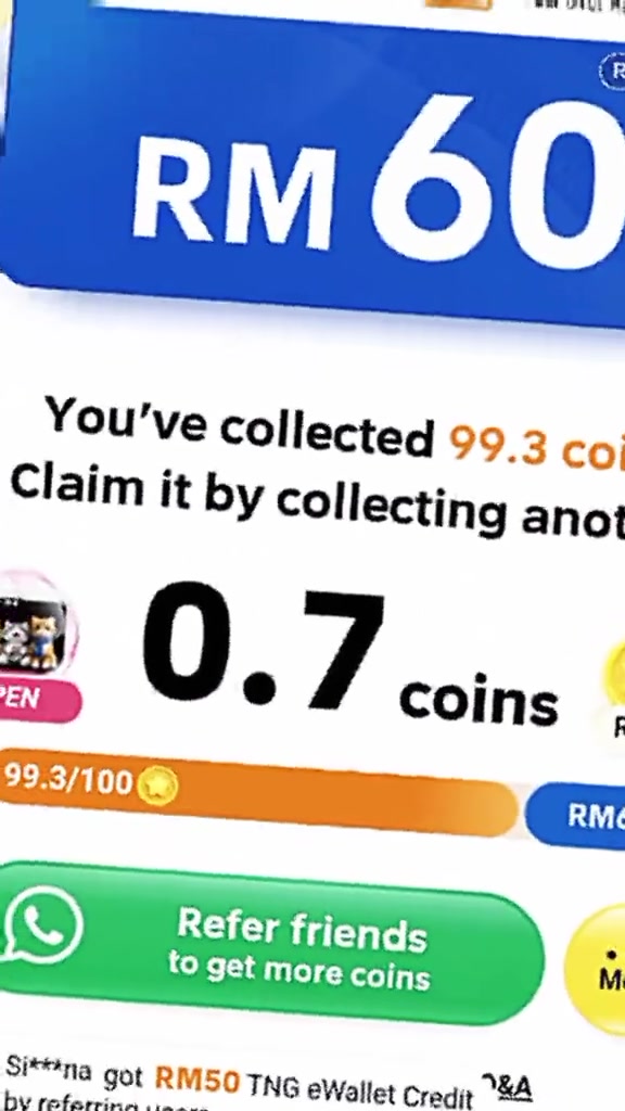 Skrin reward Temu menunjukkan banner RM60 dan progress 99.3 coin daripada 100 dengan baki 0. coins diperlukan