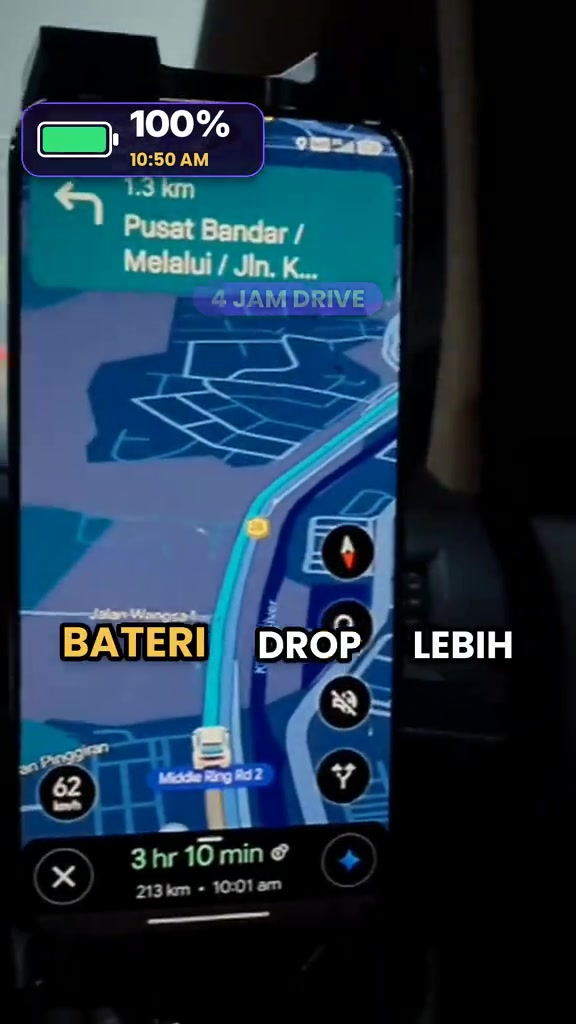 Skrin HONOR X9e Pro menunjukkan aplikasi navigasi dengan overlay bateri 100% pukul 10:50 pagi