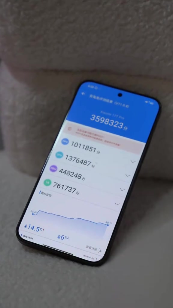Skrin Xiaomi 17T Pro memaparkan skor AnTuTu 3,598,323 beserta pecahan CPU, GPU, MEM dan UX