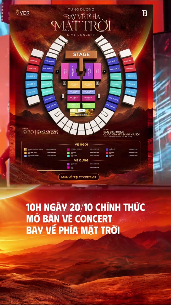Poster sơ đồ chỗ ngồi concert Bay Về Phía Mặt Trời kèm dòng chữ 10h ngày 20/10 chính thức mở bán vé và nút mua vé tại cticket.vn