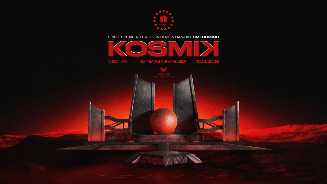 Key visual KOSMIK Live Concert 2026 Homecoming tại VEC Hà Nội ngày 12/12/2026 với phối cảnh sân khấu tông đỏ đen