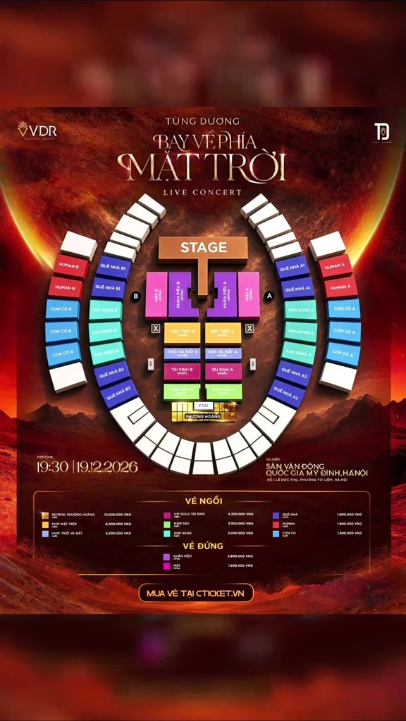 Sơ đồ chỗ ngồi concert Bay Về Phía Mặt Trời: sân khấu chữ T, bốn khu vé đứng Mây và Khán Piêu trong sàn, các khối vé ngồi Mặt Trời đến Đầm Sâu, skybox Phượng Hoàng phía cuối sàn kèm bảng giá vé ngồi và vé đứng