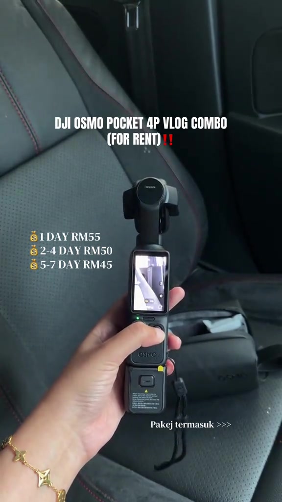Tangan memegang Osmo Pocket 4P Vlog Combo warna hitam dalam kereta dengan teks kadar sewa 1 hari RM55, 2-4 hari RM50 dan 5-7 hari RM45