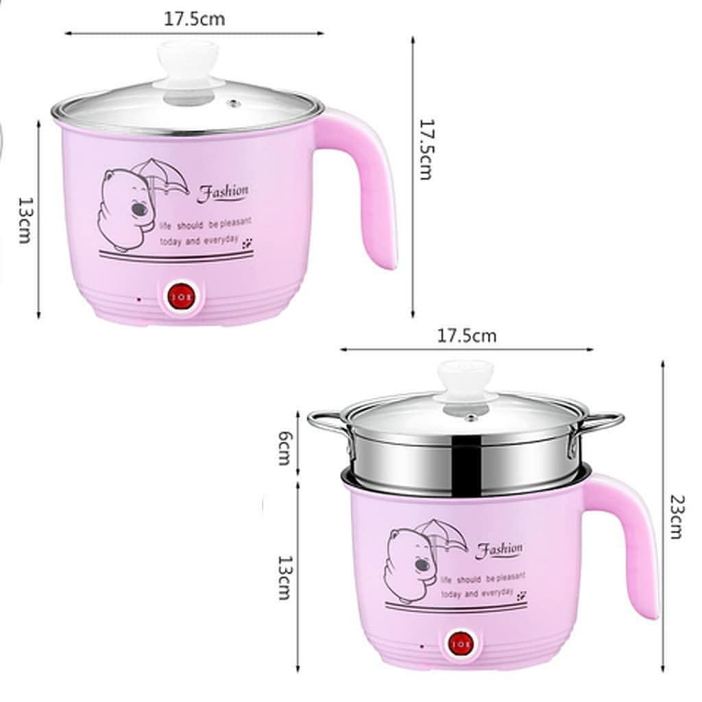 Gambar ukuran mini multicooker merah jambu: 17.5cm lebar, 13cm tinggi badan, dan 23cm tinggi dengan steamer dipasang