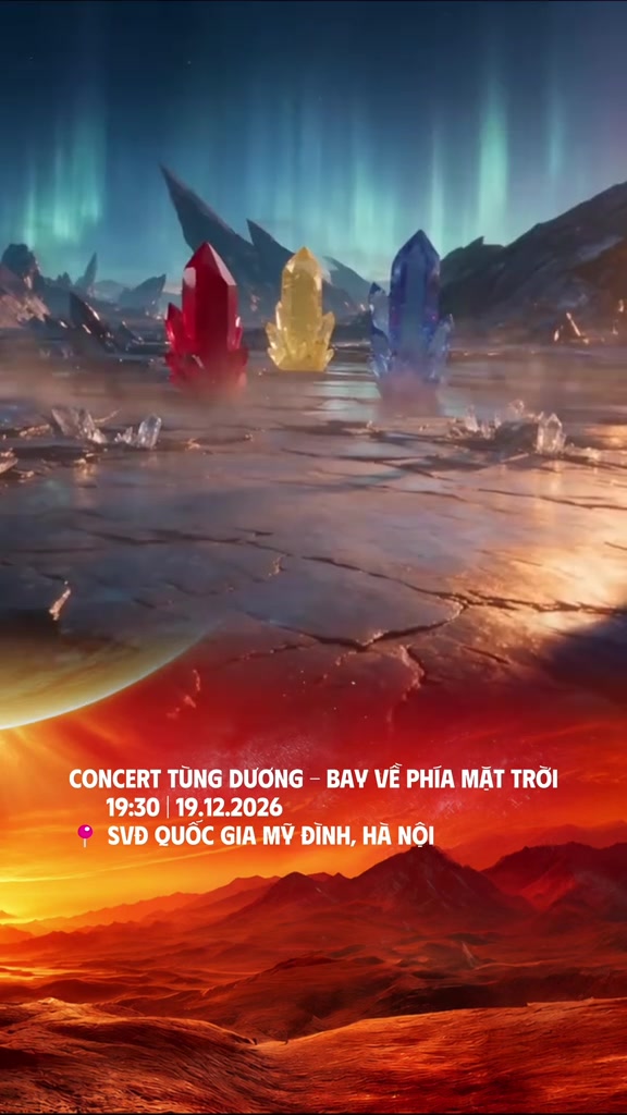Key visual concert Bay Về Phía Mặt Trời với ba khối pha lê đỏ, vàng, xanh và dòng chữ ghi 19:30 ngày 19/12/2026 tại SVĐ Quốc gia Mỹ Đình, Hà Nội