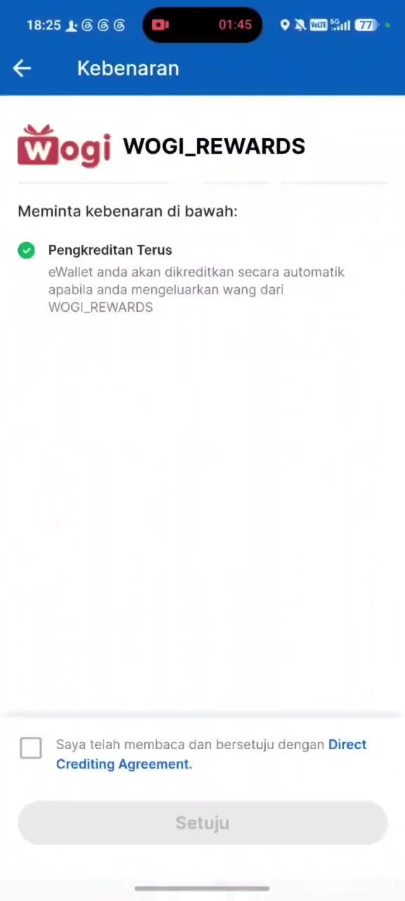 Skrin kebenaran Touch 'n Go dalam bahasa Melayu meminta kebenaran Pengkreditan Terus kepada WOGI_REWARDS