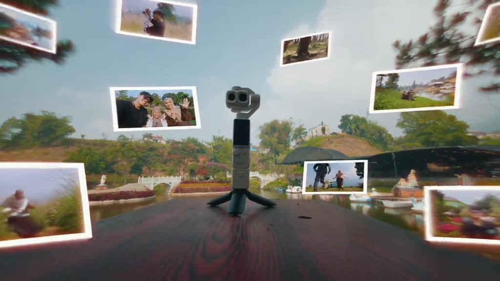 Osmo Pocket 4P berdiri atas tripod mini di atas meja dengan modul dua kamera menghadap depan, dikelilingi gambar contoh rakaman