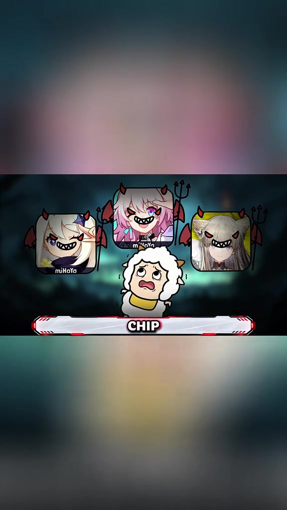 Hình vẽ ba biểu tượng game của miHoYo mọc sừng quỷ xếp phía trên một nhân vật hoạt hình đang toát mồ hôi lo lắng