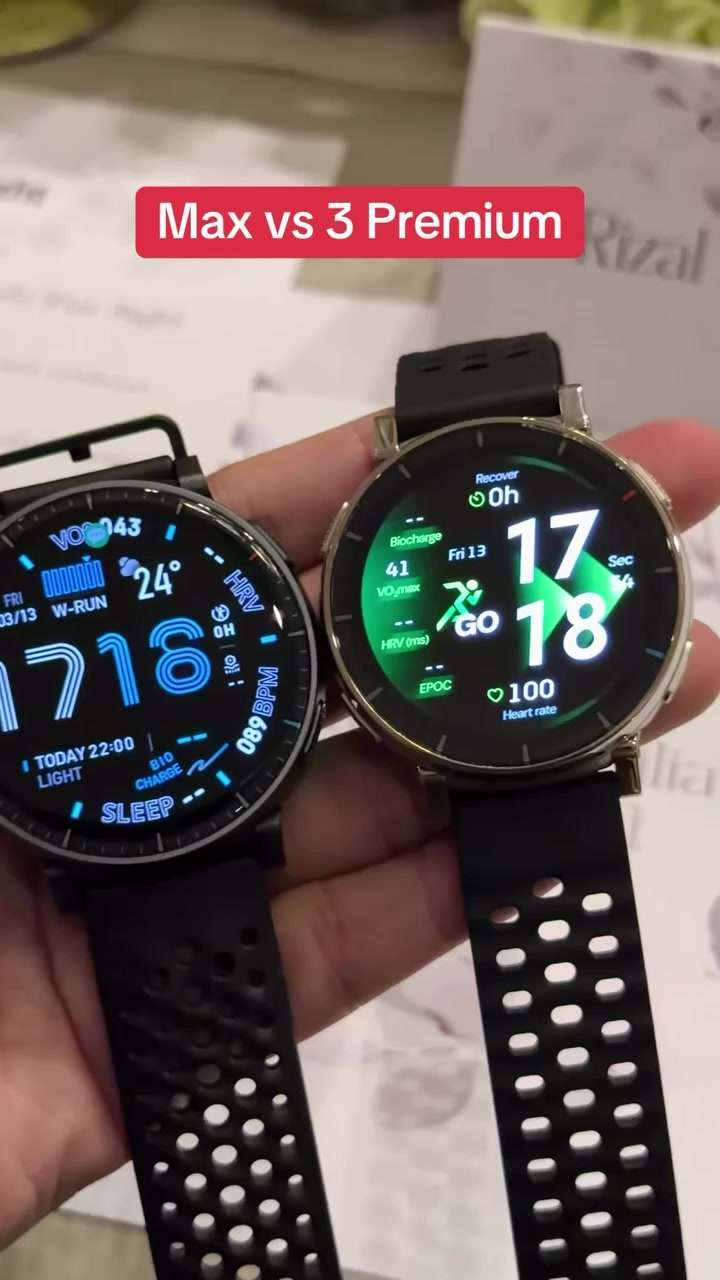Hai đồng hồ Amazfit mặt tròn đặt trên lòng bàn tay, bản viền thép bên phải hiển thị màn tập luyện với chữ GO và nhịp tim 100