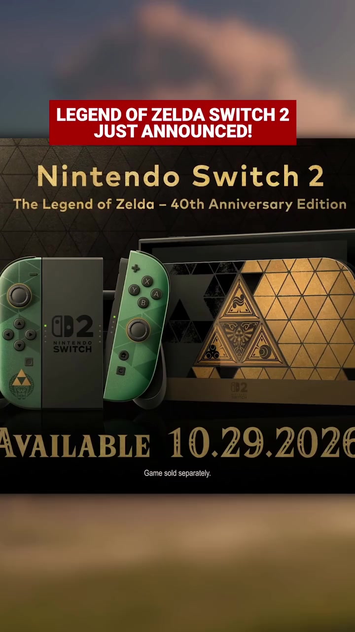 Konsol Nintendo Switch 2 edisi Zelda 40th Anniversary dengan Joy-Con hijau dan dock bercorak Triforce emas, bertanda Available 10.29.2026