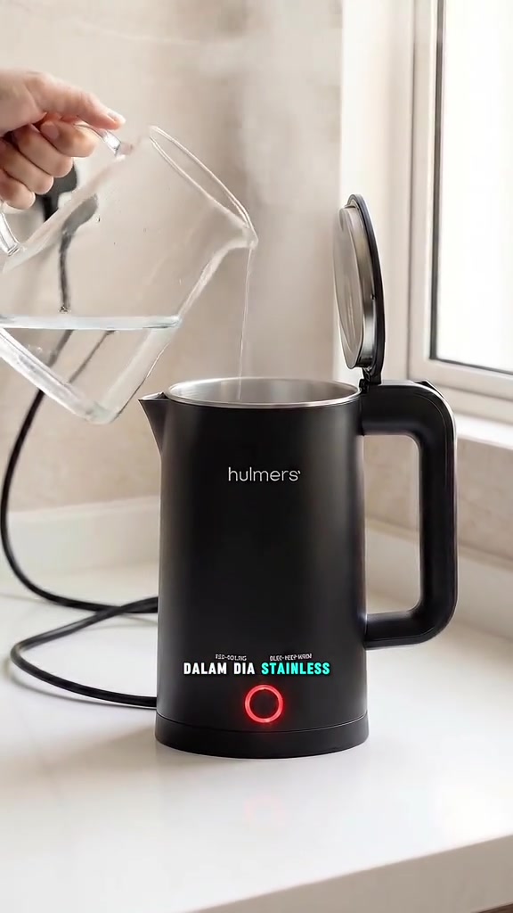 Tangan menuang air ke dalam cerek hitam berbukaan luas yang menunjukkan dinding dalam stainless steel