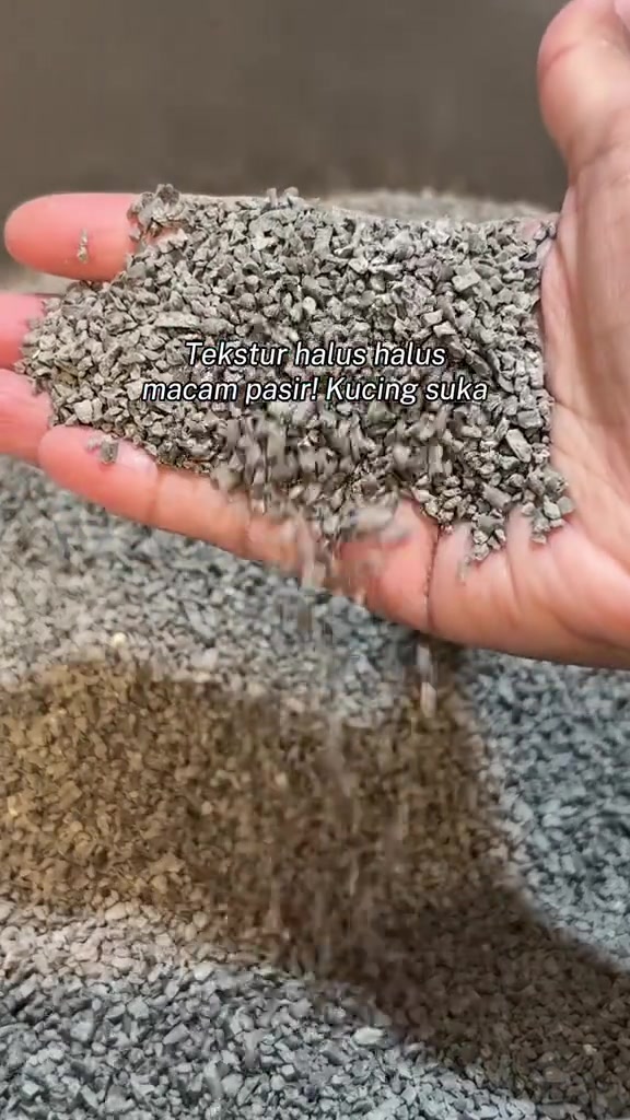 Tangan memegang cat litter crushed tofu bertekstur halus berwarna kelabu