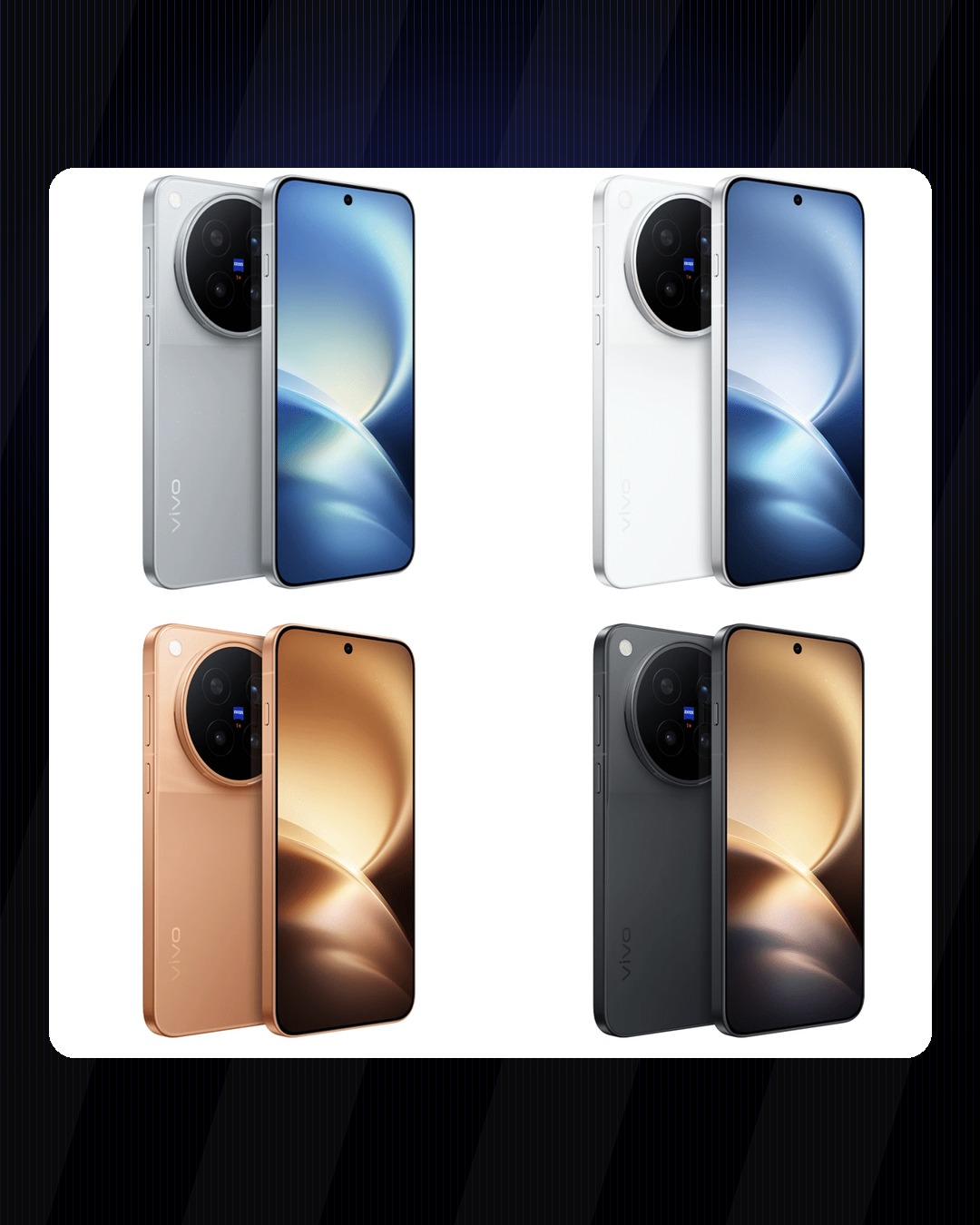 Empat gabungan warna vivo X500 series dilihat depan dan belakang: kelabu, putih, oren dan hitam