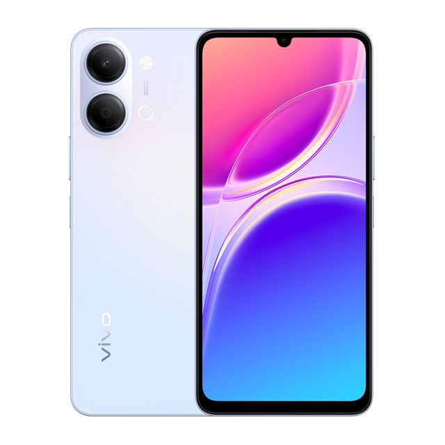 Render rasmi vivo Y05 warna biru muda menunjukkan pandangan belakang dan hadapan phone