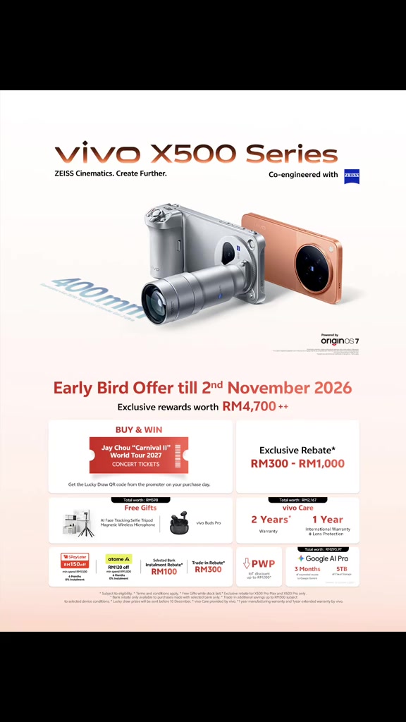 Poster early bird vivo X500 Series dengan senarai rewards bernilai RM4,700++ sampai 2 November 2026