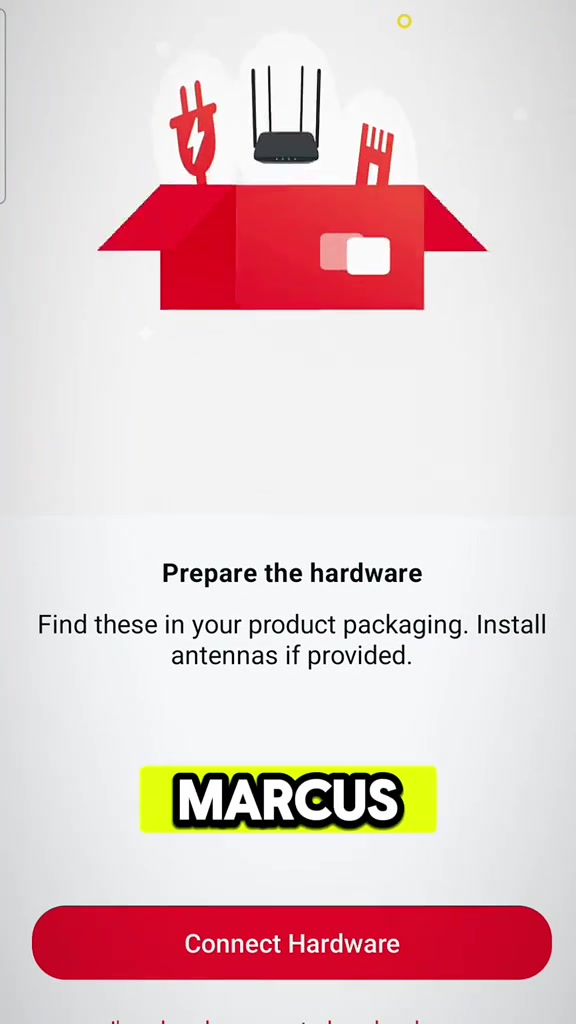 Skrin app pemasangan router dengan arahan Prepare the hardware dan butang Connect Hardware