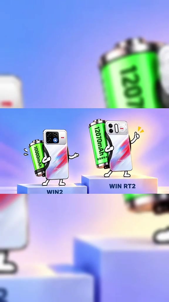 Hình vẽ hai nhân vật điện thoại WIN 2 và WIN RT2 đứng trên bục, mỗi con ôm viên pin ghi 10000mAh và 12070mAh