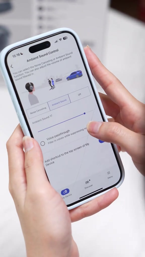 Màn hình Ambient Sound Control trong app Sony Sound Connect với thanh trượt mức xuyên âm