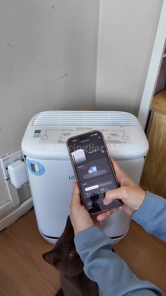 Tangan memegang telefon dengan app air purifier terbuka di hadapan mesin Levoit, kepala kucing kelihatan di bawah