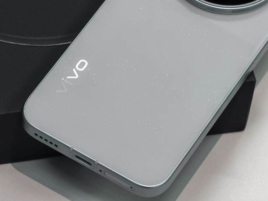 Bahagian belakang vivo X500 Pro warna Starry Gray dengan logo vivo, bersebelahan kotak hitamnya