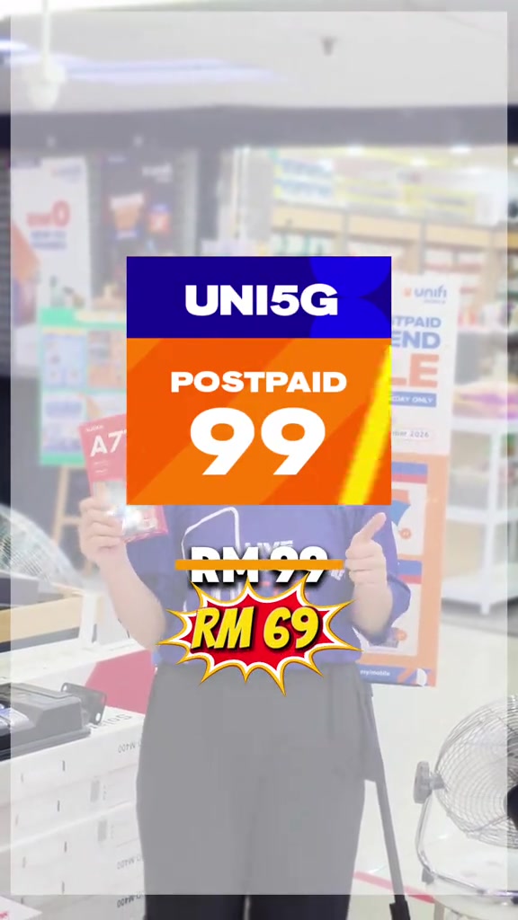 Grafik harga kedai menunjukkan kad pelan UNI5G Postpaid 99 dengan harga RM99 dipotong dan diganti angka RM69 dalam letupan bintang