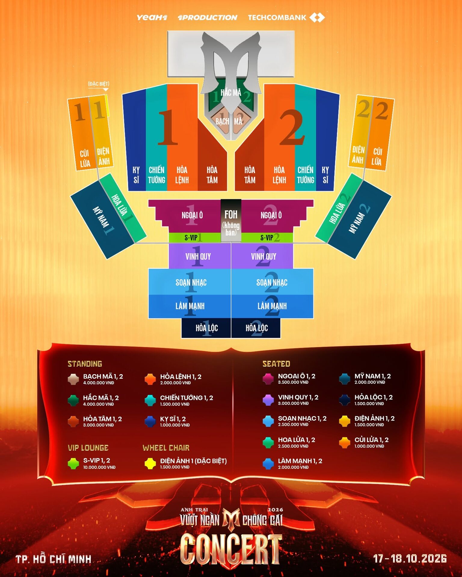 Sơ đồ chỗ ngồi và bảng giá vé concert Anh Trai Vượt Ngàn Chông Gai 2026 với các khu đứng, khu ngồi và S-VIP từ 1 đến 10 triệu đồng
