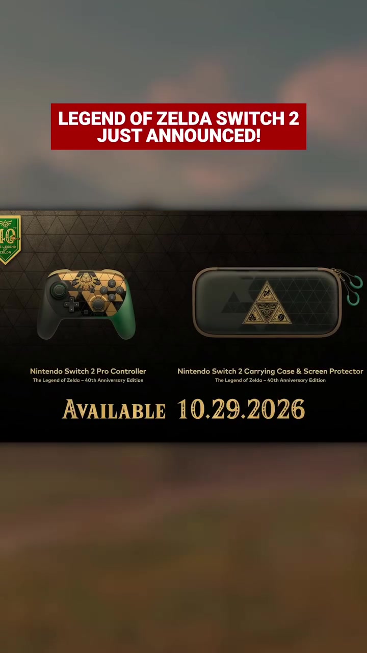 Pro Controller dan carrying case edisi Zelda 40th Anniversary untuk Switch 2, bertanda Available 10.29.2026