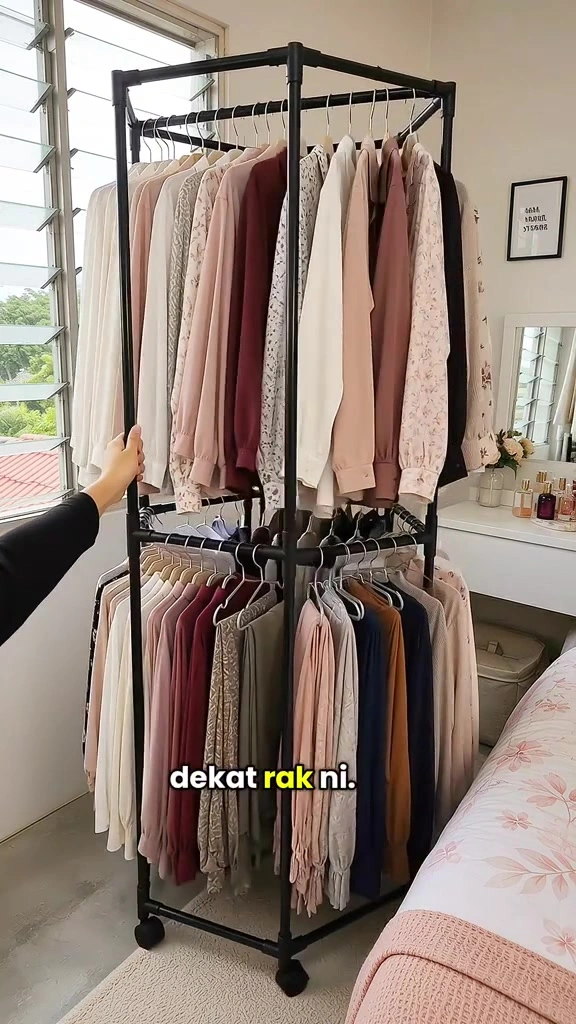 Rak Baju Beroda Untuk Rumah Sewa: Hexagon 360°, 2 Tingkat & Stainless — Saya Kira Muat Berapa Kg Baju Basah