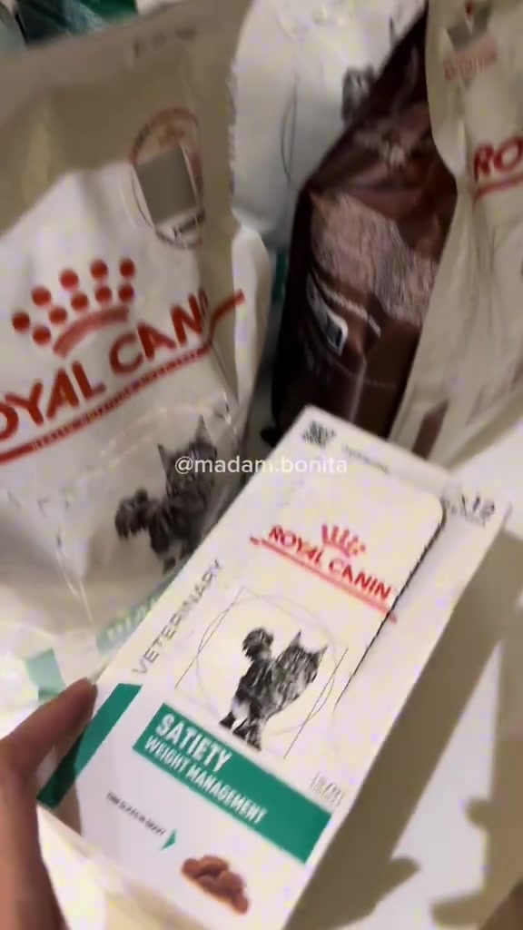 Tangan memegang kotak Royal Canin Satiety Weight Management di depan beg-beg makanan kucing
