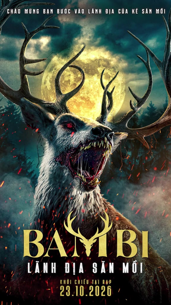 Key art phim Bambi: Lãnh Địa Săn Mồi với con nai quái vật mắt đỏ, nanh nhọn gầm lên trước trăng tròn giữa rừng thông