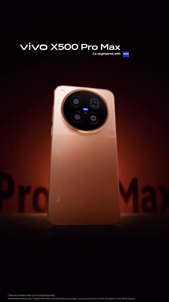 Belakang vivo X500 Pro Max warna oren dengan modul kamera bulat besar berlogo ZEISS