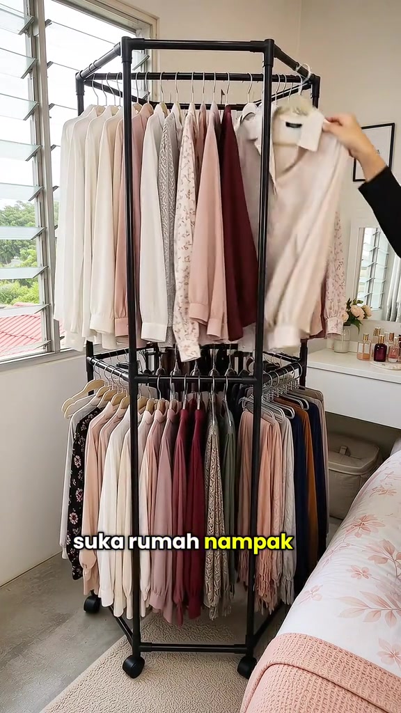 Tangan menyidai baju pada penyangkut di rak hexagon beroda dua tingkat dalam bilik