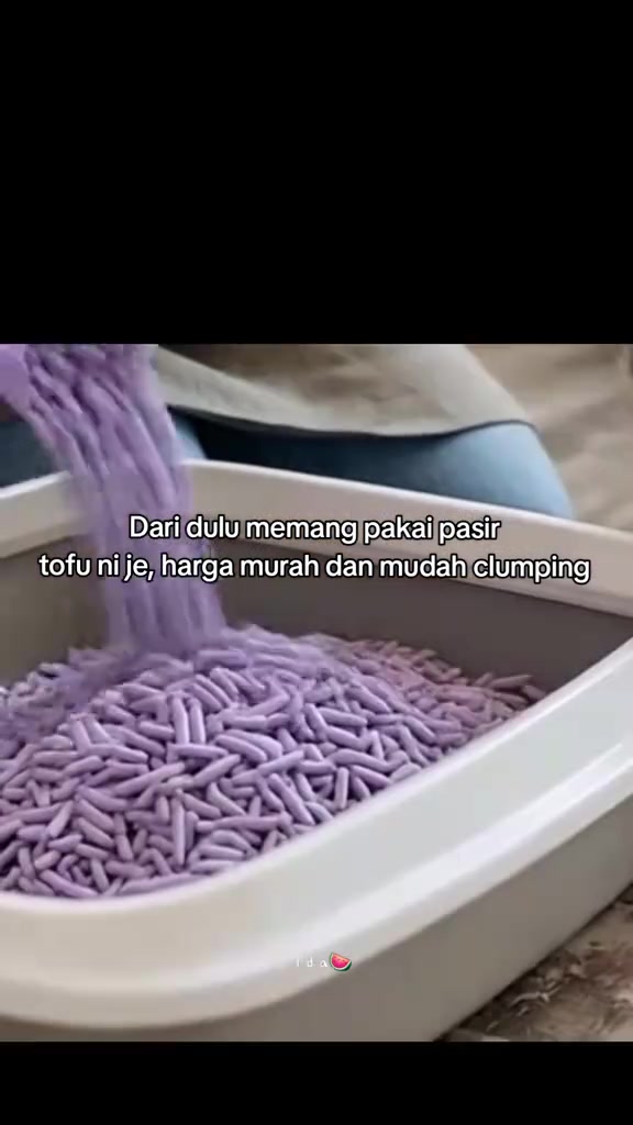 Pasir kucing tofu ungu dituang ke dalam kotak pasir putih