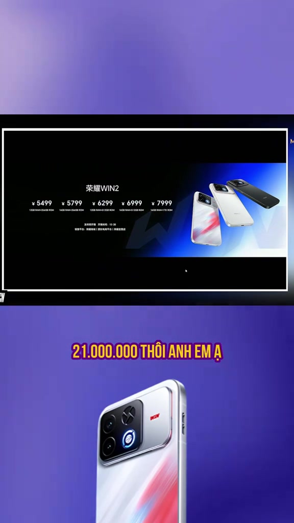 Slide giá ra mắt Honor WIN 2 tại Trung Quốc từ 5.499 đến 7.999 nhân dân tệ kèm ảnh ba màu máy