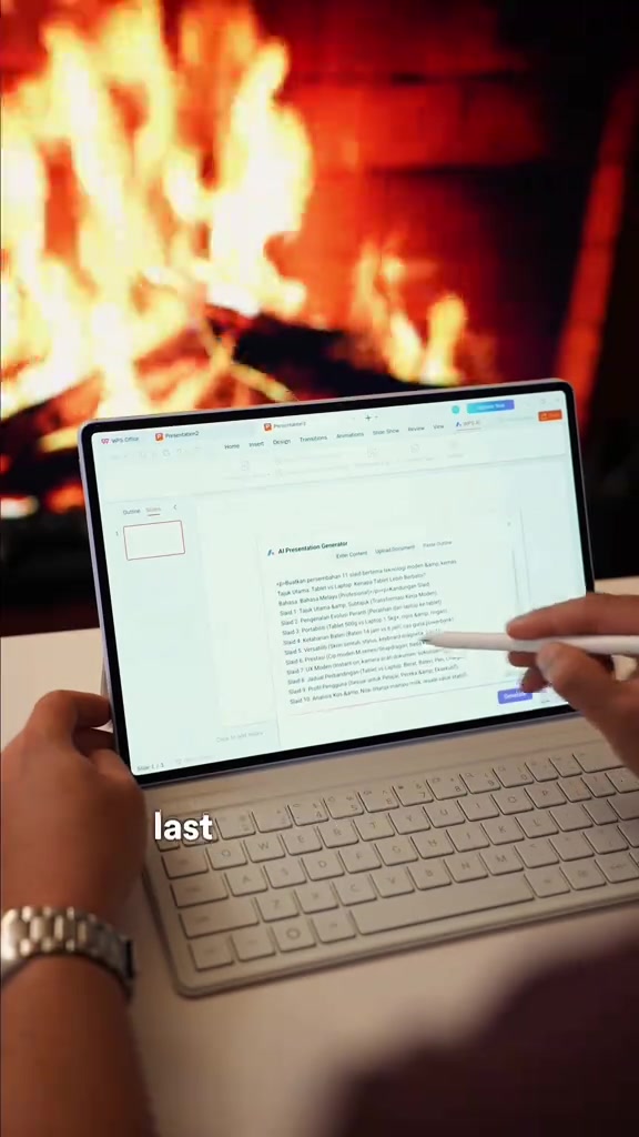 Skrin HUAWEI MatePad Air papar WPS Office dengan AI Presentation Generator dan teks nota, stylus di tangan pengguna, keyboard putih di hadapan
