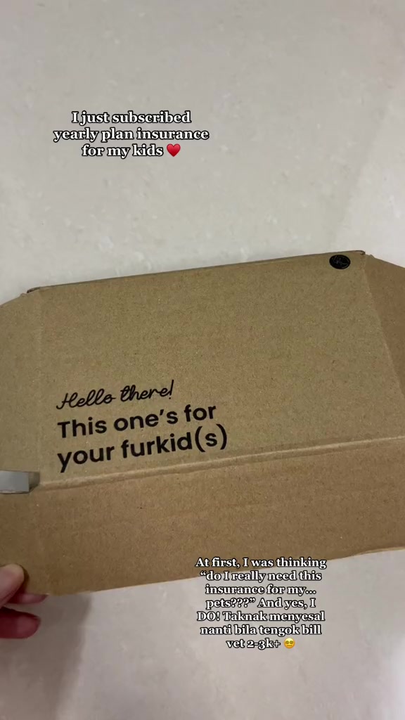 Kotak kadbod welcome box insurans kucing dipegang tangan, dengan tulisan untuk furkid di atas penutupnya